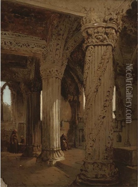 The Prentice Pillar, Roslyn Chapel Oil Painting - David Roberts