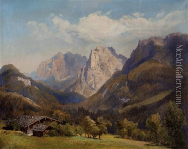 Blick Von Der Alm In Ein Bewaldetes Gebirgstal (tirol?) Oil Painting - Konrad Petrides