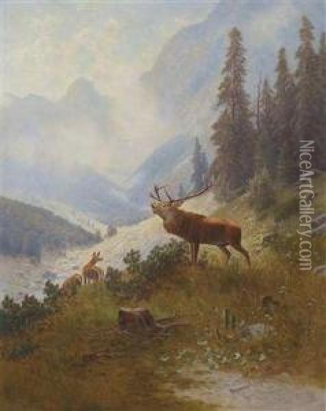 Roaring Stag In The Mountains Oil Painting - Ludwig Skell