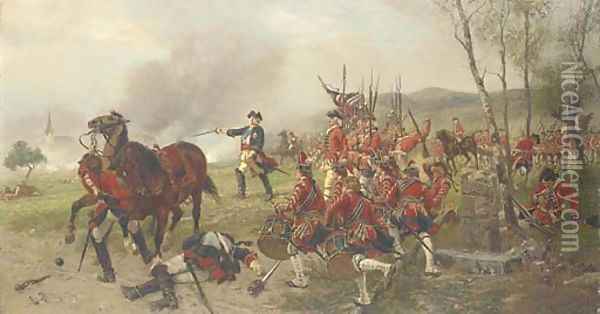 George II at the Battle of Dettingen 'George dismounted, drew his sword and put himself at the head of the troops exclaiming Oil Painting - Ernest Crofts