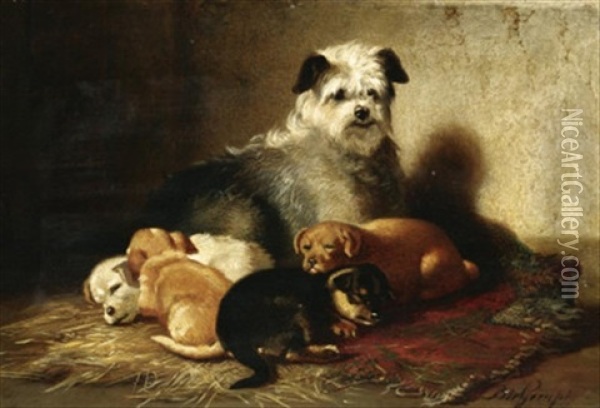 Der Mittagsschlaf. Junge Hundin Bei Ihrem Schlafrigen Nachwuchs Oil Painting - Bernard de Gempt