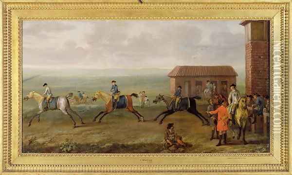 Lord Portmore Watching Racehorses on Exercise on Newmarket Heath, c.1735 Oil Painting - John Wootton