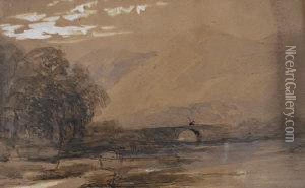Figure Crossing A Bridge In A Mountain River Landscape Oil Painting - John Varley