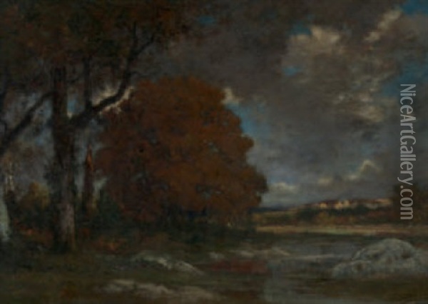 Baumbestandene Flusslandschaft Oil Painting - Jean Emile Renie