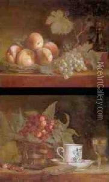 Still Life With A Basket Of 
Cherries, A Cup Of Tea And A Wine Glass All Resting On A Ledge And A 
Still Life Of Peaches, Grapes And A Bottle Of Wine All Resting On A 
Ledge: A Pair Of Paintings Oil Painting - Francois Xavier Vispre