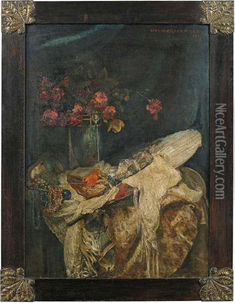 Still Lifewith Flowers, Jewellery, Fan, Stole And Shoe. Oil Painting - Hedwig Grossmann
