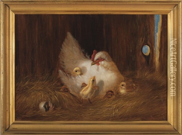 Mother Hen With Chicks Oil Painting - Hattie Hutchcraft Hill