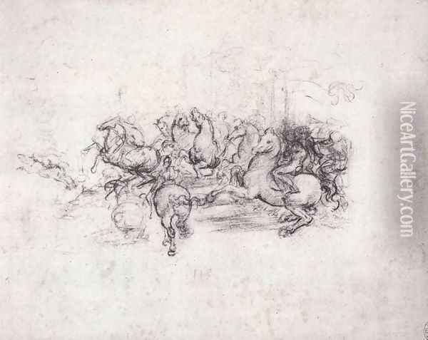 Group of riders in the Battle of Anghiari 1503-04 Oil Painting - Leonardo Da Vinci