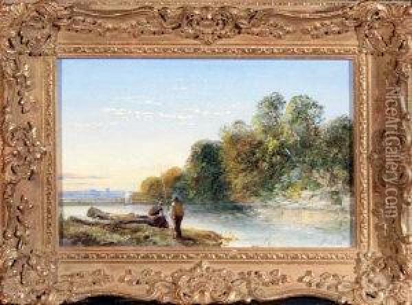 On The Wharfe - An Angler And His Wife At The Riverbank Oil Painting - Ralph R. Stubbs