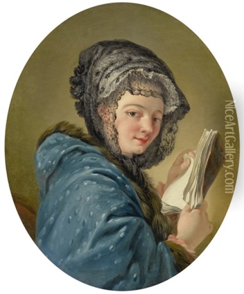 A Young Woman, Said To Be Madame Deshays, Turning Towards The Viewer And Holding A Book Oil Painting - Jean Baptiste Henri Deshays