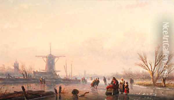 A winter landscape with skaters and horse-drawn sledge by windmill on frozen river Oil Painting - Jan Jacob Spohler