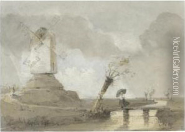A Lady Holding An Umbrella, A Windmill Beyond Oil Painting - Louis Thomas