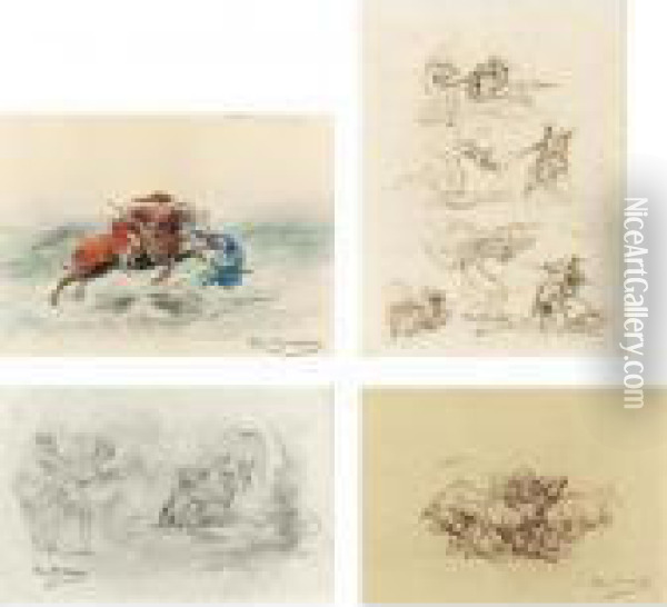 St. George Stabbing The Dragon, 
Studies Of St. George And Thedragon, A Knight And A Maiden, And Fighting
 Bulls Oil Painting - Rosa Bonheur