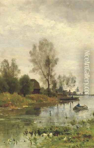 Rowing down the river Oil Painting - Julius Jacobus Van De Sande Bakhuyzen