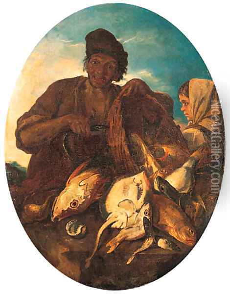 A fisherman with a basket of fish and a peasant girl Oil Painting - Giacomo Francesco Cipper