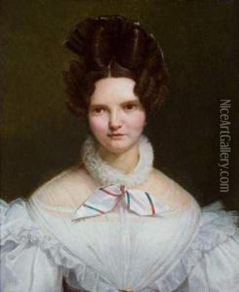 Portrait De Jeune Femme En Robe Blanche
 Sur Sa Toile D'origine. Oil Painting - Georges Rouget