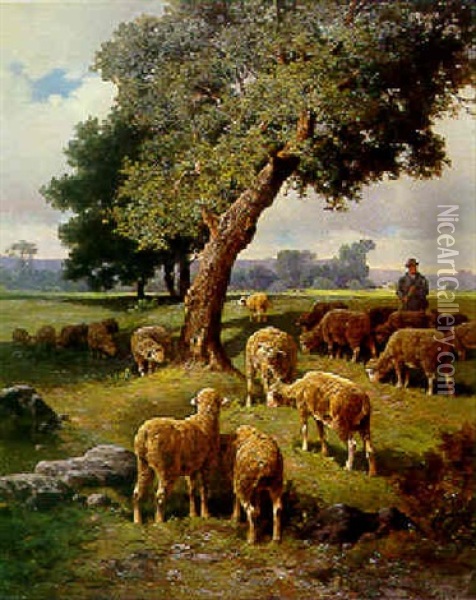 Le Berger Et Son Troupeau Oil Painting - Jules Bahieu