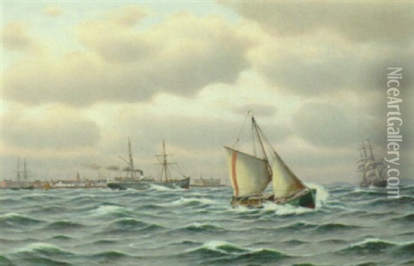Marine Med Sejlskibe Og Damper Ud For Kronborg, I Baggrunden Helsingor Oil Painting - Johan Jens Neumann