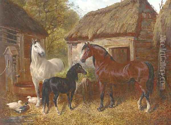 Horses and ducks in a farmyard Oil Painting - Benjamin Jnr Herring