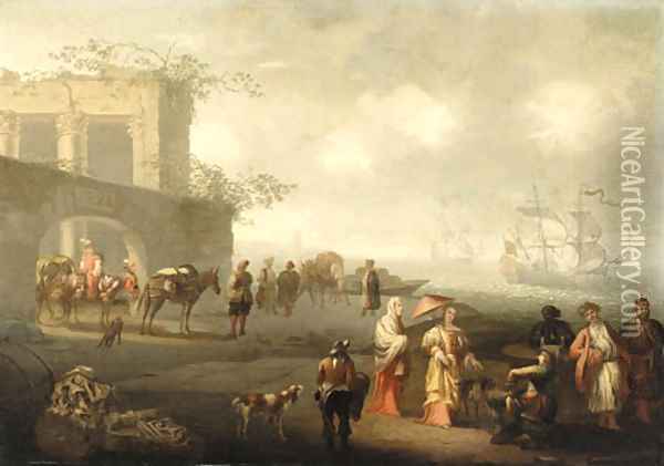 A Coastal Landscape with elegant Figures and Travellers by the Walls of a City Oil Painting - Jacobus De Jonckheer