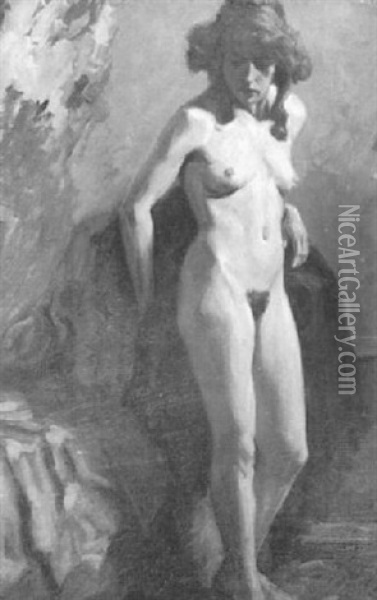 Stehender Weiblicher Akt Im Halbprofil Mit Teilweise Gelostem Haar Oil Painting - Hugo von Habermann the Elder