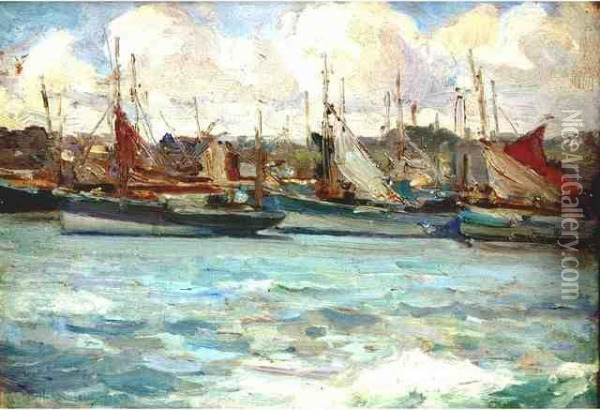 Thonier Au Port Devant Laville-close A Concarneau Oil Painting - Emil Benediktoff Hirschfeld