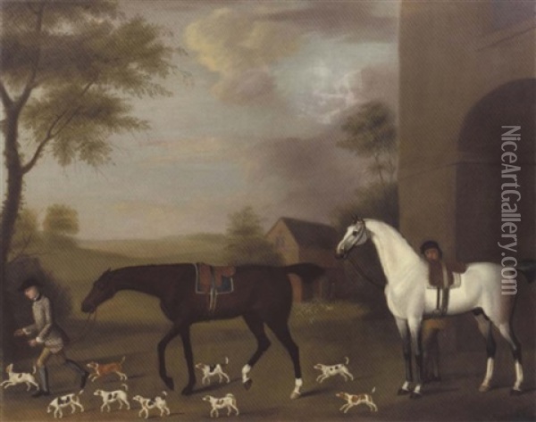 Two Hunters And Their Grooms Accompanied By Hounds Oil Painting - Thomas Stringer