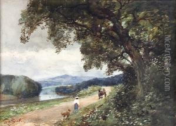 Figures On A Country Road, By A River Oil Painting - Tom Scott