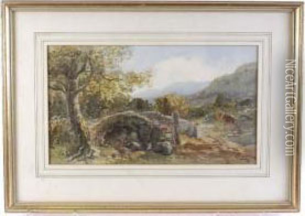 Cattle Grazing Near An Old Devonshire Stone Bridge Oil Painting - Alfred Leymann