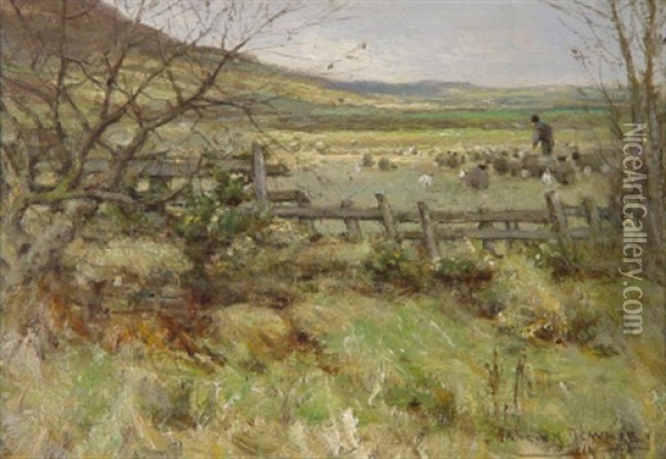 Fruhlingstag Im Schottischen Hochmoor Mit Einem Schafer Und Seiner Herde Oil Painting - Patrick Downie