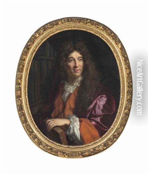 Portrait Of Monsieur Jean Bouhier (1673-1746), President Au Parlement De Dijon, Half-length, In A Red Coat With Lace Collar And Cuffs, His Left Hand Resting On A Book Oil Painting - Gabriel Revel