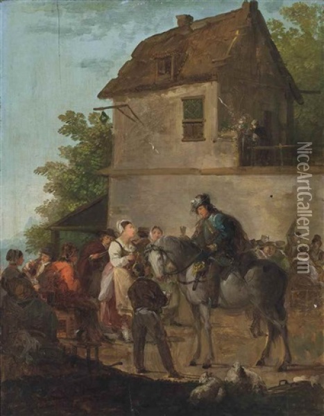 A Rider And Other Figures Merry Making Outside An Inn Oil Painting - Giuseppe Bernardino Bison