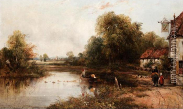 River Landscape With Figures By An Inn Oil Painting - Frederick Waters Watts