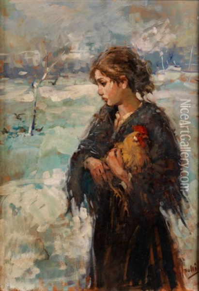 Junges Madchen Mit Huhn In Verschneiter Landschaft Oil Painting - Vincenzo Irolli