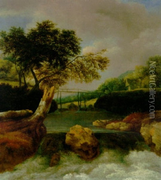 A Waterfall In A Wooded Landscape, A Bridge Beyond Oil Painting - Jan van Kessel the Elder