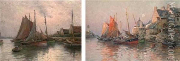 Dans Le Petit Port (+ Harbour At Dusk, Oil On Board, Smaller; 2 Works) Oil Painting - Georges Philibert Charles Maroniez
