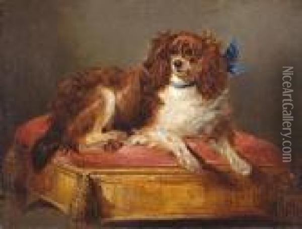 Spaniel On A Footstool Oil Painting - George W. Horlor