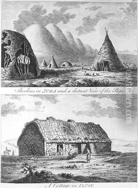 Sheelins in Jura and a distant view of the Paps and A Cottage of Islay, from A Tour in Scotland, and voyage to the Hebrides 1772 Oil Painting - Thomas Pennant