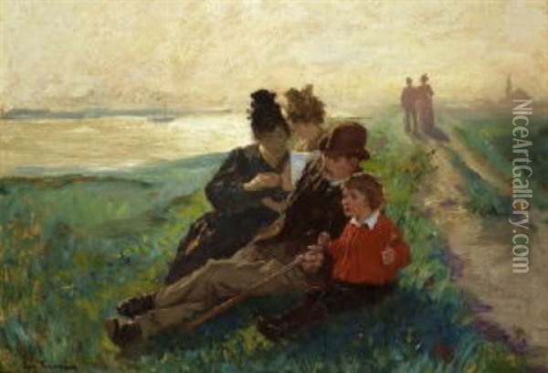 Rastende Familie Auf Dem Deich Am Flussufer Oil Painting - Arthur Kampf