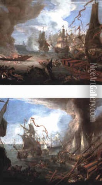 Sea Battles Between Christians And Turks Oil Painting - Luca Carlevarijs