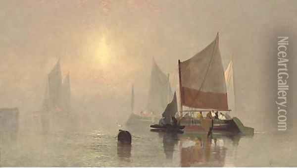 Fishing boats in the early morning mist Oil Painting - C. Webster