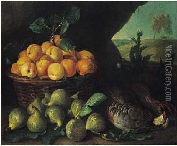 Panier D'abricots, Figues Et Perdrix Sur Fond De Paysage Oil Painting - Alexandre-Francois Desportes