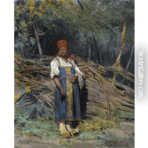 Peasant Girl In A Forest Oil Painting - Konstantin Apollonovich Savitsky