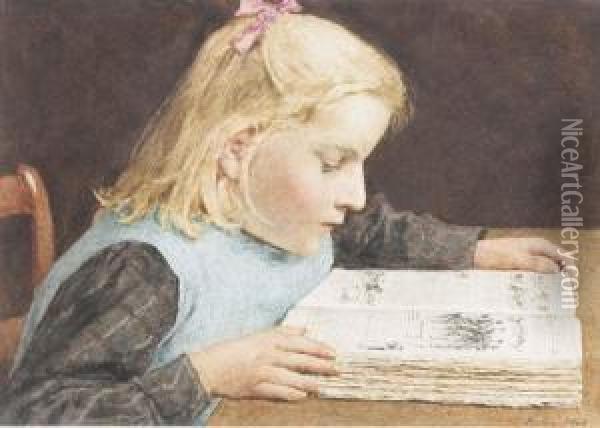 Blondhaariges Madchen Mit Schurze, In Ein Buch Vertieft. Oil Painting - Albert Anker