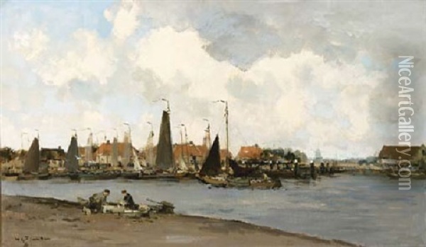 Sailing Boats In The Harbour Of Breskens Oil Painting - Willem George Frederik Jansen