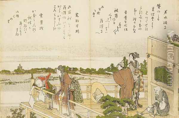 People on the Balcony of the Sazaido Oil Painting - Katsushika Hokusai