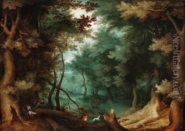 Forest Landscape With Hunters Oil Painting - Jan Brueghel the Elder