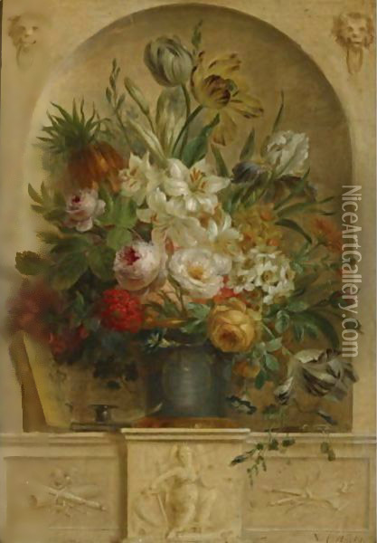 Still Life Of Flowers In A Niche Oil Painting - Willem van Leen