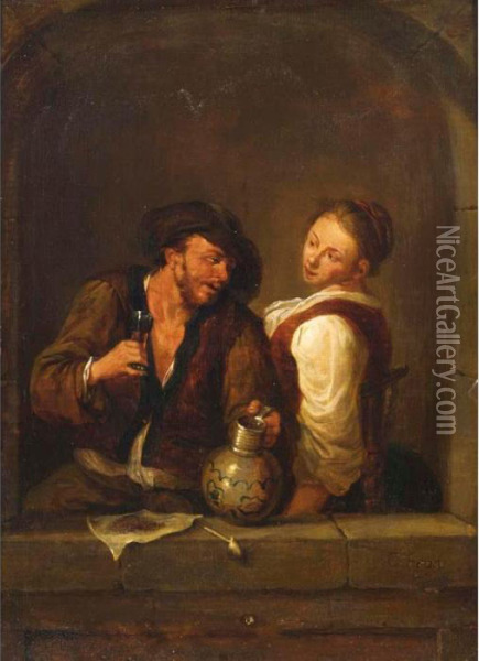 A Couple Drinking And Smoking In An Arched Window Oil Painting - Cornelis (Pietersz.) Bega