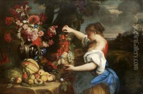 Kvinnofigur Med Frukt- Och Blomsterstilleben Oil Painting - Michele Pace Del (Michelangelo di) Campidoglio